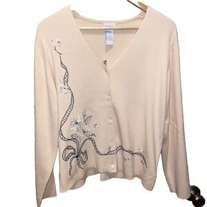 Vintage Koret Womens Cardigan Size Medium Pink Embroidered Floral Grandma V-Neck